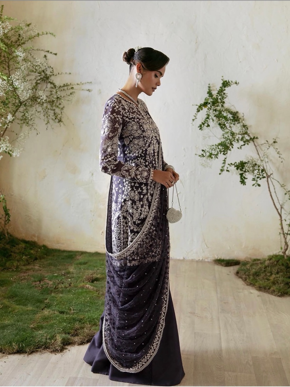 Embroidered Purple Long-Sleeve Evening Gown Dress